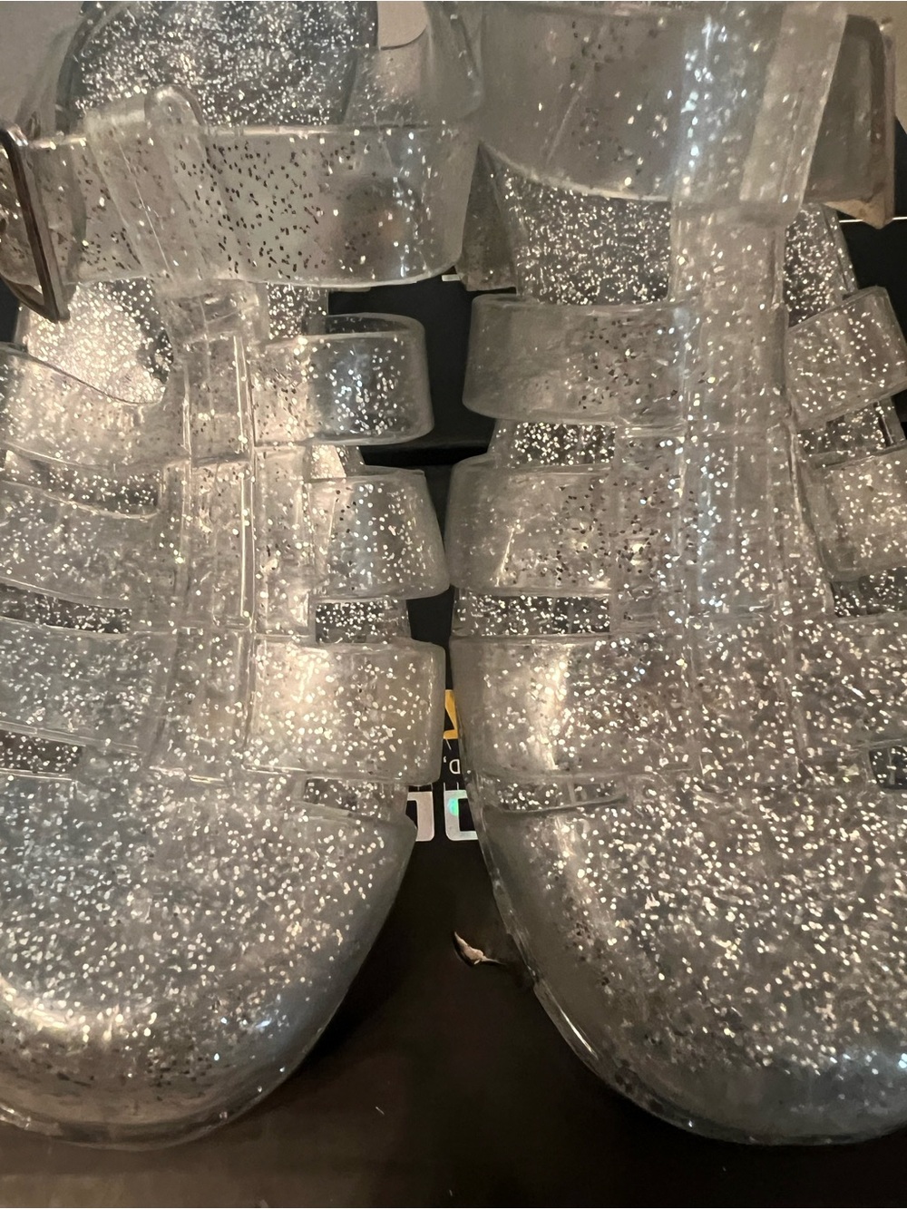 Clear Silver Glitter Jelly Heeled Sandals - Y2K Platform Chunky Sparkle Sandals - Picture 9 of 16